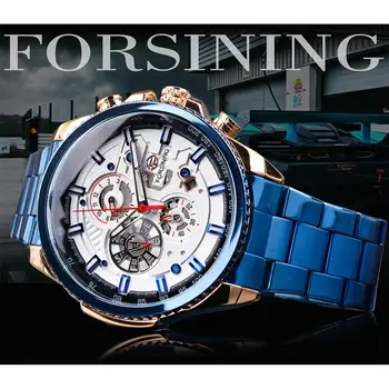 Forsining Verslo Mens Watches Top Brand Daugiaspalvis Žmogaus Laikrodis Mėlyna, Nerūdijančio Plieno, Mechaninė Automatinė Stilingas Vyrų Laikrodis