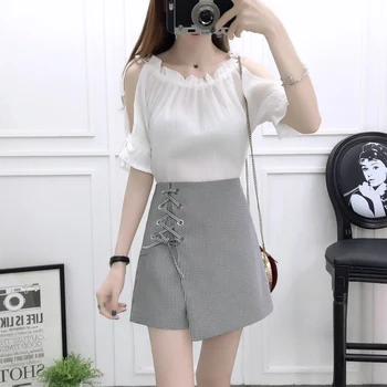 Korėjos mados moterų vasarą nešioti šifono palaidinė top ūgio juosmens plataus kojomis trumpas skirted kelnes dviejų dalių dydis S-XL drabužių