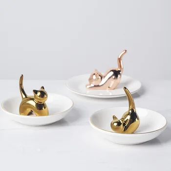 Šiaurės papuošalai papuošalai dėklas auksu katė keramikos papuošalai papuošalų laikymo dėklas žiedas dėklas