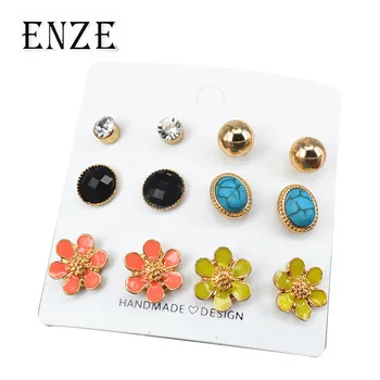 ENZE auskarai nustatyti angliavandenilių 6 porų / kortelės emalio spalva geltona mėlyna gėlė, mėlynos, ovalo formos akmens mados moters papuošalai atostogų dovanų