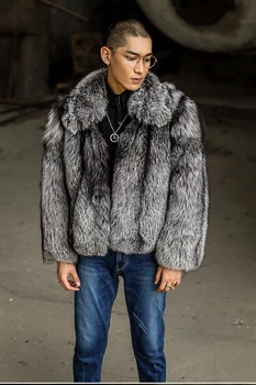 2019 Naujas Pilnas Pliaupti Vyrų Silver Fox Fur Coat Trumpas Stiliaus Šiltas Žiemą Storas Kailis Striukės didysis išpardavimas