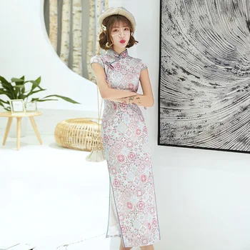 Klasikinis Spausdinti Gėlės Ilgai Cheongsam Suknelės Moterų Qipao Derliaus Kinijos Vakarą Pokylių Šalis Suknelė