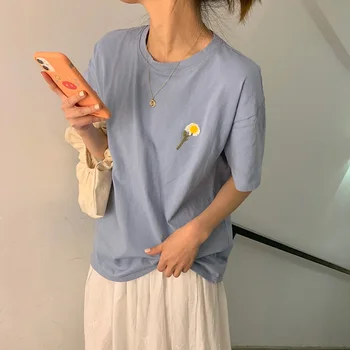 3D Gėlių Siuvinėjimas Medvilnės Marškinėlius Moterų Šviežias Stiliaus Estetinių Kolegijos Apranga Minimalus marškinėliai Moterims Negabaritinių Tee Dropshipping