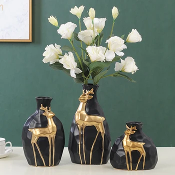 Šiaurės Kaimiškas Namų Dekoro Keramikos Vazos Paramos Golden Deer Vaza Baltas Juodas Vazonas Gėlių Įdėkite Džiovintų Gėlių Stalo Apdailos