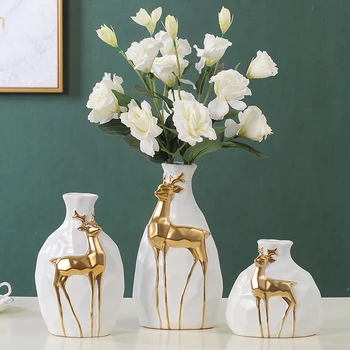 Šiaurės Kaimiškas Namų Dekoro Keramikos Vazos Paramos Golden Deer Vaza Baltas Juodas Vazonas Gėlių Įdėkite Džiovintų Gėlių Stalo Apdailos