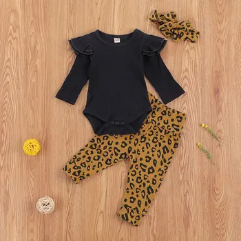 Trijų dalių Baby Girl Drabužiai Šviežia vientisos Spalvos Plaukioja Rankovės Jumpsuit ir Leopardas Kelnės su Lankelis