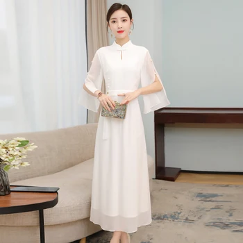 Naujas 2021 Mados Balta Žalia Elegantiškas Plonas Šalies Cheongsam Seniai Padalinta Suknelė Moterims Ilgomis Rankovėmis Qipao Tradicinės Kinų Drabužius
