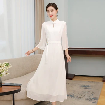 Naujas 2021 Mados Balta Žalia Elegantiškas Plonas Šalies Cheongsam Seniai Padalinta Suknelė Moterims Ilgomis Rankovėmis Qipao Tradicinės Kinų Drabužius