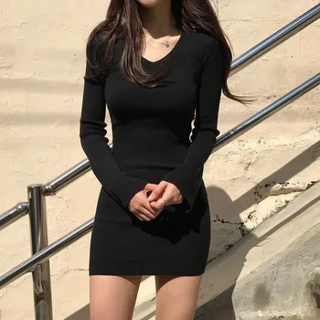 2021 m. Pavasarį, Rudenį Elegantiškas korėjos Prašmatnus Megzti Mini Megztinis Suknelė Moterų V-kaklo, ilgomis Rankovėmis Pagrindinio Slim Black Vestidos