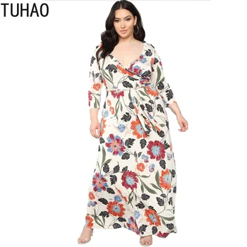 TUHAO 2020 m. Vasarą Moteris Gėlę Spausdinti V-kaklo Ilga Suknelė Plius Dydis 5XL 3XL 4XL Moterų Bohemijos Paplūdimio Suknelės Motina Drabužių WM65