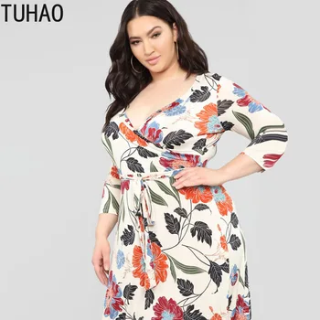 TUHAO 2020 m. Vasarą Moteris Gėlę Spausdinti V-kaklo Ilga Suknelė Plius Dydis 5XL 3XL 4XL Moterų Bohemijos Paplūdimio Suknelės Motina Drabužių WM65