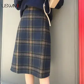 Nemokamas Pristatymas Moterų Sijonas Mados Streetwear High Waisted Atsitiktinis Pledas Vilnonis Spalvų Atitikimo Plius Dydis Moterų, Moteriški Sijonai