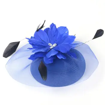 Moterys Šalis Derby Mėlyna Handamde Plunksnų Fascinators Moteriška Skrybėlaitė Skrybėlę, Plaukų Įrašą Šydas, Nėriniai Granulių Gėlių Vestuvių Aksesuaras