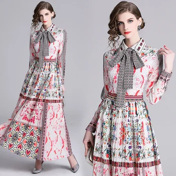 Banulin Moterų Kilimo Ir Tūpimo Tako Suknelės 2020 M. Pavasario Rudens Gėlių Spausdinti Maxi Suknelė Ilgomis Rankovėmis Slim Ilgai Plisuotos Suknelė Vestidos De Fiesta