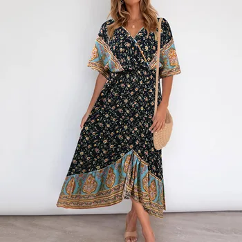 Bohemijos Moterų Suknelė Pavasario Vasaros Mados Atsitiktinis Palaidų Atostogų atsitraukti Paprasta Karšto Pardavimo Gėlių V-kaklo Vasaros 2021