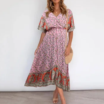 Bohemijos Moterų Suknelė Pavasario Vasaros Mados Atsitiktinis Palaidų Atostogų atsitraukti Paprasta Karšto Pardavimo Gėlių V-kaklo Vasaros 2021