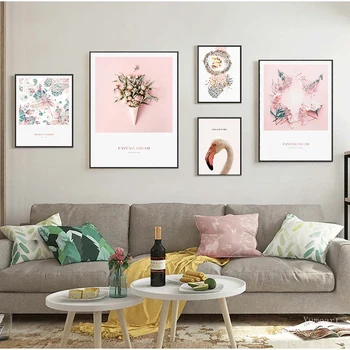 Modernus Plakatas Rožinė Puokštė Gėlių Sienos Nuotraukas, Namų Dekoravimo, Plakatų ir grafikos Swan Gyvūnų Sienos Meno Tapybos Drobės