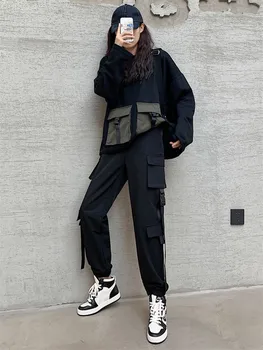POUNGDUDU 2021 Moterų Krovinių Kelnės Moterims Jogger Harajuku Kelnes Estetinės Kelnių Kišenės Prarasti Streetwear Derliaus Atsitiktinis