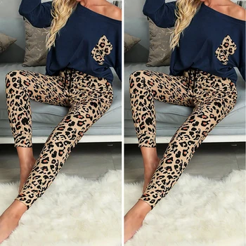 Moteriški 2vnt Atsitiktinis Seksualus Leopard SuitLoungewear užskaityti Pečių Marškinėliai Nėrinių Kelnes Tracksuit Rudenį, Žiemą