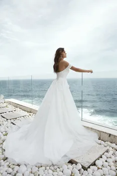 E JUE SHUNG Spalvingi Paplūdimio Vestuvių Suknelė Off Peties Puošnios Nėrinių Appliques Backless A-line Bridal Gown vestido de noiva