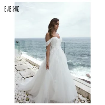 E JUE SHUNG Spalvingi Paplūdimio Vestuvių Suknelė Off Peties Puošnios Nėrinių Appliques Backless A-line Bridal Gown vestido de noiva