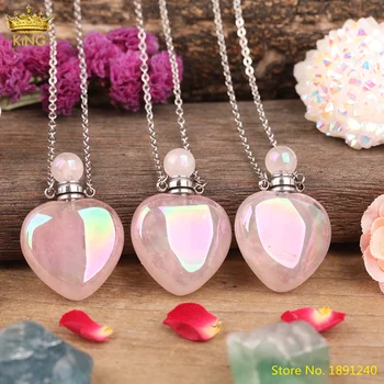 Natūralus Rožių Rožinis Kvarcas Širdies Kvepalų Buteliuko Pakabukas Karoliai Mados Moterų Rainbow Crystal Akmens Aukso Difuzorius Butelis Papuošalai