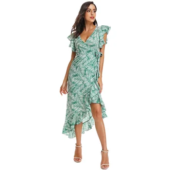2020 Moterų Suknelė Slim Fit Lieknėjimo Flounced Nereguliarus Vasaros Naują Stilių Atspausdintas Šifono One-piece Suknelė ilgai, plius dydis suknelė