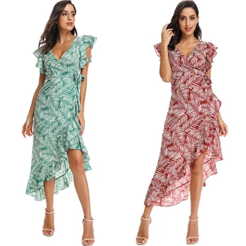 2020 Moterų Suknelė Slim Fit Lieknėjimo Flounced Nereguliarus Vasaros Naują Stilių Atspausdintas Šifono One-piece Suknelė ilgai, plius dydis suknelė