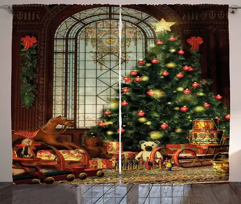 Kalėdų Užuolaidos Stebuklinga Atmosfera Derliaus Didelis Senas Senamadiškas Lango Kalėdos Medis Pristato Kambarį Miegamojo Lango Užuolaidos