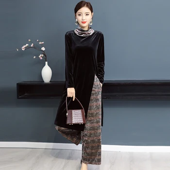 Azijos ir Ramiojo vandenyno moterų drabužių aksomo Korėja stiliaus Viršaus+Ziajać rinkiniai, pavasarį, rudenį, tiktų rytų vestido elegantiškas Azijos etninės kostiumas