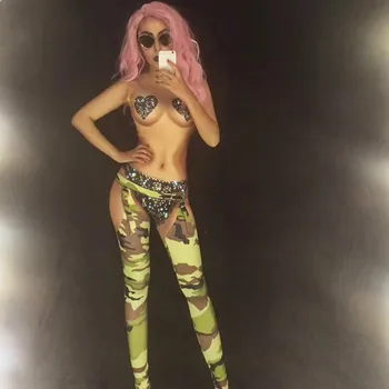 Moterų Armijos Seksualus Bodysuit 3D Atspausdintas Putojantis Kristalai Jumpsuits naktiniame klube Šalis Švenčia Veiklos DJ DS Šokėja Kostiumai