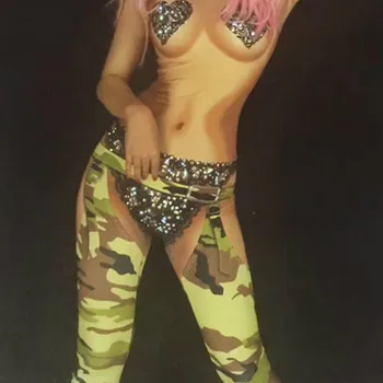 Moterų Armijos Seksualus Bodysuit 3D Atspausdintas Putojantis Kristalai Jumpsuits naktiniame klube Šalis Švenčia Veiklos DJ DS Šokėja Kostiumai