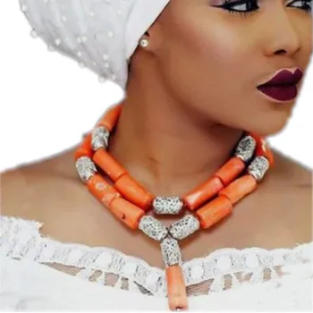 Dudo Papuošalai Klasikinis Afrikos Koralų Zawalcowany Papuošalai 2 Sluoksniai Choker Oranžinė / Raudona / Balta 12mm +Nigerijos Moterų Vestuvių Karoliai Rinkinys