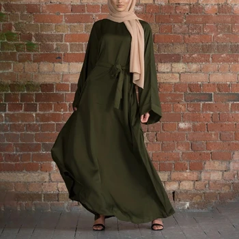 Moterų Turkijos Musulmonų Dubajus Maxi Suknelė Ilgomis Rankovėmis Islamo Kaftan Kaklaraištis Juosmens Skraiste