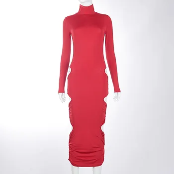 DSMTRC Pavasario ilgomis Rankovėmis Backless Tuščiaviduriai Iš Pieštukų Ilga Suknelė Moterų Kietas Golfo Ruched Maxi Suknelės Elegantiškas Partywear