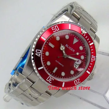 Prabanga BLIGER 40mm mechaninis laikrodis vyrams, vandeniui nerūdijančio plieno apyrankė raudona dial Šviesos safyras brangakmenių Miyota riešo 181