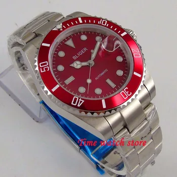 Prabanga BLIGER 40mm mechaninis laikrodis vyrams, vandeniui nerūdijančio plieno apyrankė raudona dial Šviesos safyras brangakmenių Miyota riešo 181