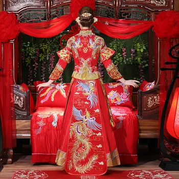 Prabanga senovės Royal Red siuvinėjimo Kinų nuotaka vestuvių suknelė Qipao Kinų Tradicinė Suknelė Moterims Rytų Qi Pao