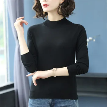 Vilna, ploni megztiniai moterų mados pusė, aukštos apykaklės, žemiausią plonas megztinis džemperis juodos 4color M-3XL