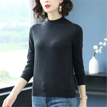 Vilna, ploni megztiniai moterų mados pusė, aukštos apykaklės, žemiausią plonas megztinis džemperis juodos 4color M-3XL