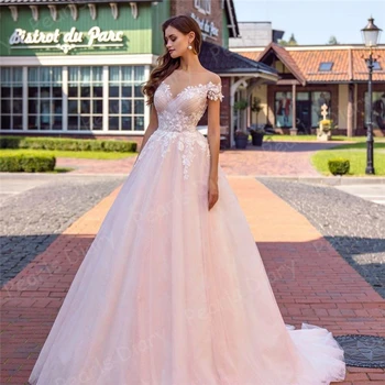 Sodo Naujo Dizaino Princess Pink Vestuvių Suknelės, Nėriniai Appliques Mygtukus Atgal Vestuvinės Suknelės 2021 Chalatas De Mariee V Kaklo Nuotakos Suknelė