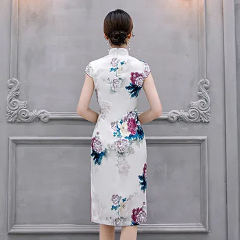 Elegantiškas Satino Mandarinų Apykaklės Kinų Stiliaus Qipao Seksualus Aukštos Padalinta Šalis Promenadzie Suknelė Spausdinti Gėlių Cheongsam Negabaritinių Vestidos