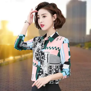 Atspausdinta Marškinėliai Moterims ilgomis Rankovėmis Viršūnes 2020 M. Pavasarį Naujas korėjiečių Laukinių Prarasti Šifono Marškinėliai Vintage Mados Office Moteriška Palaidinė