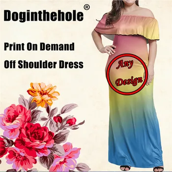Doginthehole Gradientas Havajai Genčių Spausdinti Moterų Off Peties Maxi Suknelė Poliesterio Sluoksnių Pynimas Šalis Suknelės vestidos