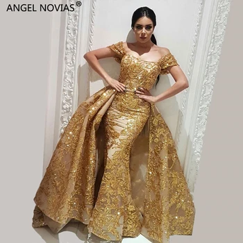 ANGEL NOVIAS Ilgai Undinė Aukso Abendkleider Dubajus, Saudo arabų Moterų vakarinės Suknelės 2020 m., su Nuimamu Sijonu Avondjurken