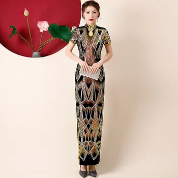 Tradicinis kinų Moterų Blizgučiai Siuvinėjimas Veliūras Cheongsam Suknelė Elegantiškas Ponios Vintage Gold Aksomo Qipao Negabaritinių 5XL