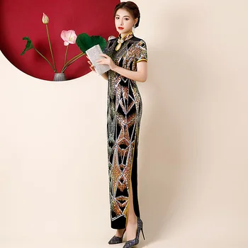 Tradicinis kinų Moterų Blizgučiai Siuvinėjimas Veliūras Cheongsam Suknelė Elegantiškas Ponios Vintage Gold Aksomo Qipao Negabaritinių 5XL