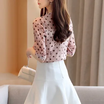 Moterų Polka Dot Palaidinė Korėjos Stiliaus Naujas 2020 Metų Vasaros Marškinėliai Office Lady V Kaklo Elegantiškas Moterų Trumpomis Rankovėmis Megztinis Ponios Palaidinukės