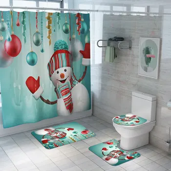Kalėdų Spausdinti Santa Claus Sniego Dušo Užuolaidų, Kilimų, Grindų Kilimėlis Vonios kambarys Kartu Tualeto Kilimėlis Užuolaidų 4-piece Set