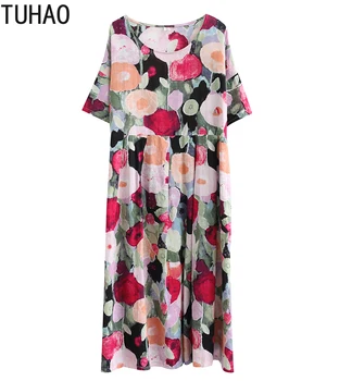 TUHAO Mori Mergina Style Bohemian Paplūdimio Stiliaus Gėlių Spausdinti Ilga Suknelė Vasarai Moterų Gėlės Plius Dydis Medvilnės, Lino Suknelės LZ193